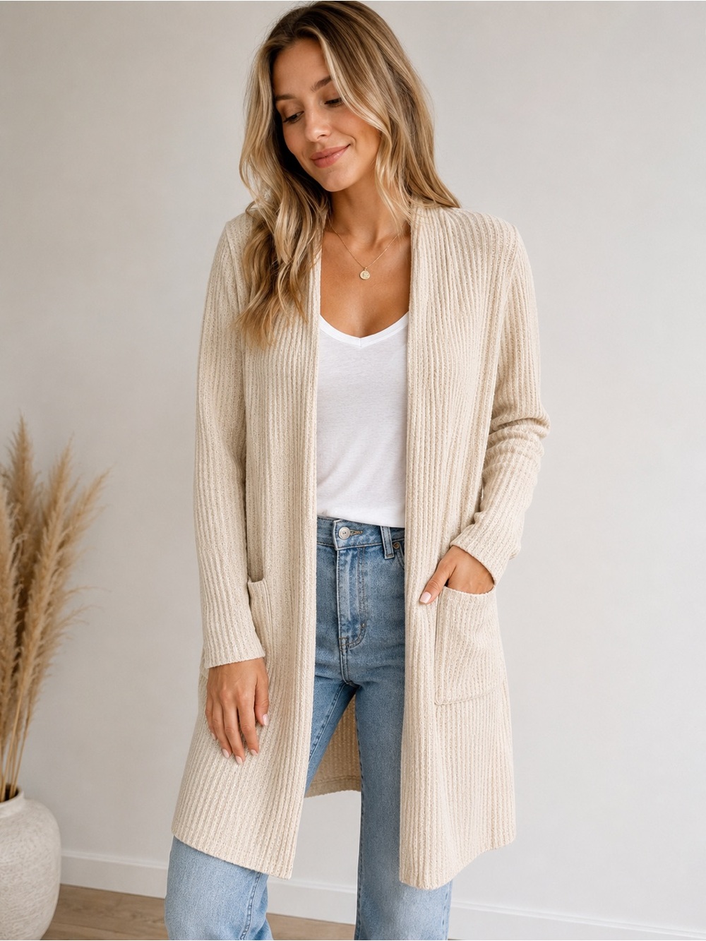 Altar’d State Cream Waffle Knit Longline Cardigan Size S